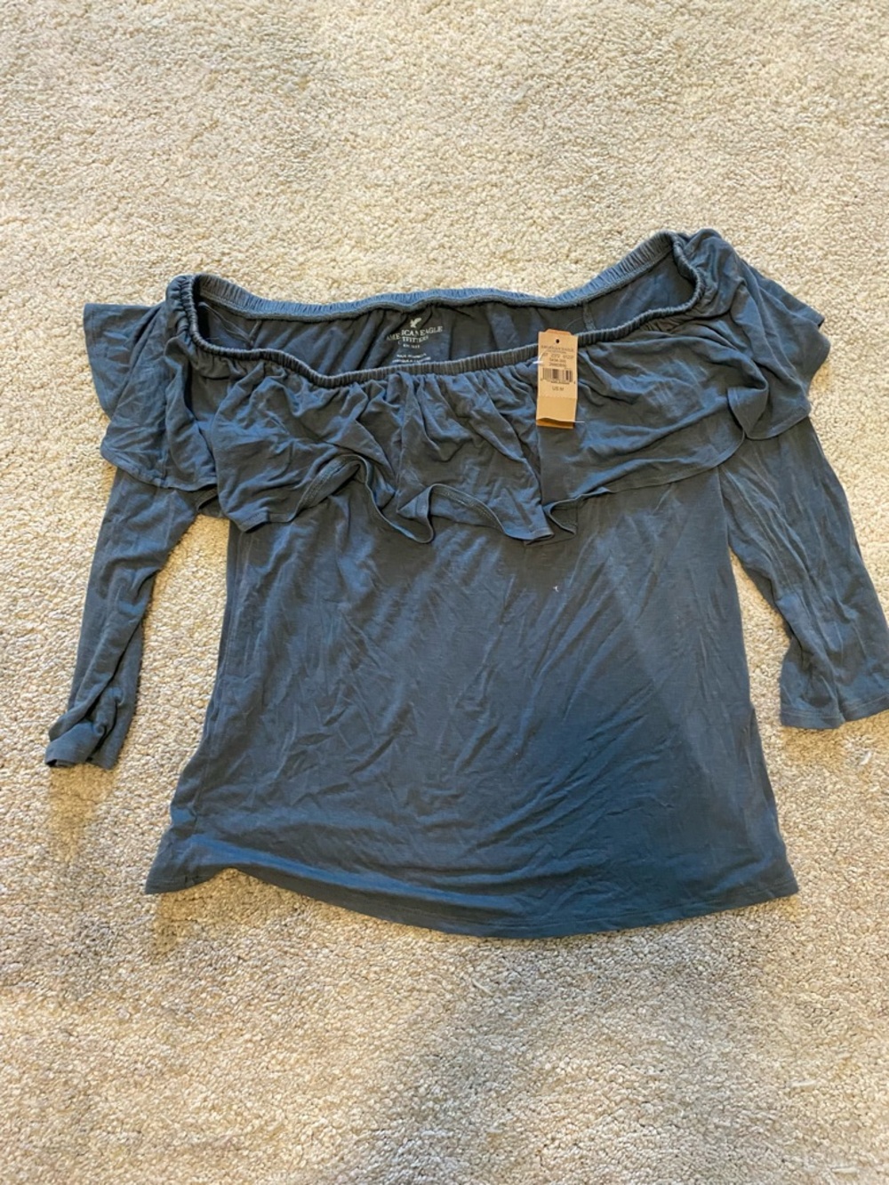 American Eagle Off-Shoulder Ruffle Women's Top - Slate Blue NWT